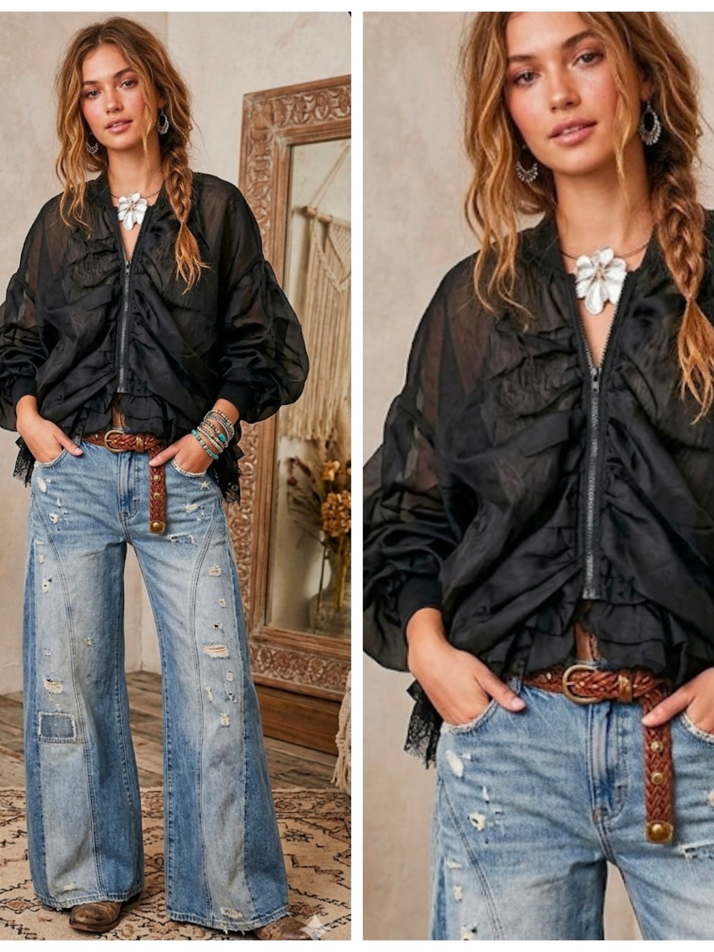 Sheer Lace Black Ruffle Front Zip Statement Jacket